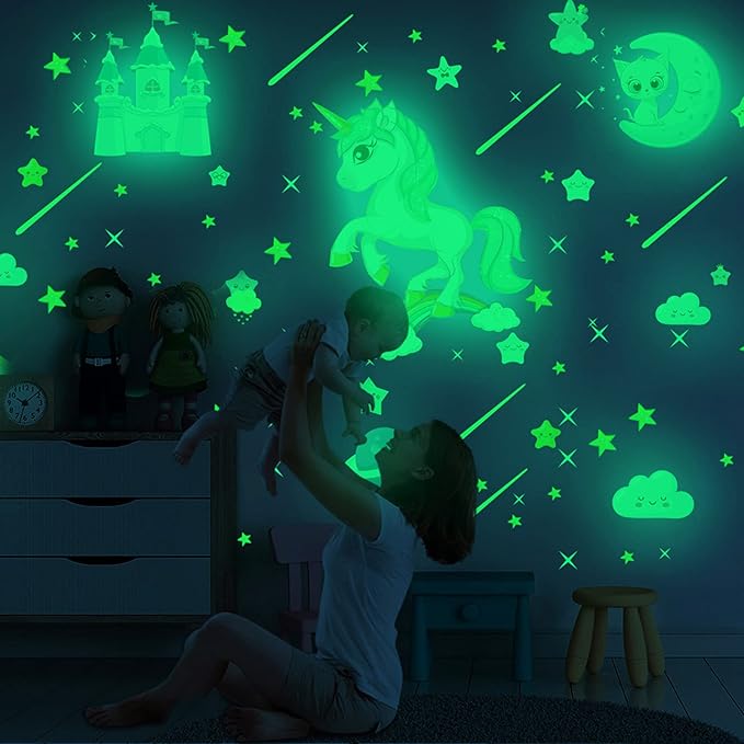 Glow in The Dark Unicorn Stickers, 206 pcs Cats and Moon Wall Decals, Glowing Castle Clouds Ceiling Decor for Kids Bedroom, Stars and Rainbow Wall Decor for Girls and Boys Gift