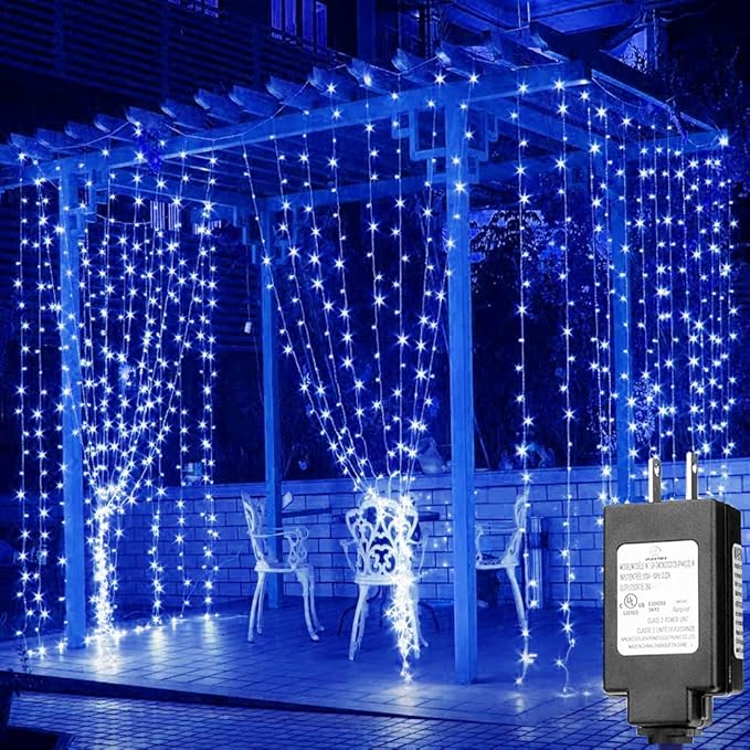Solhice LED Curtain Lights Blue Outdoor 20ft x10ft, 600 LED Plug in Christmas Hanging String Lights Indoor, Twinkle Lights Backdrop for Backyard Wedding Bedroom Décor (Not Connectable)