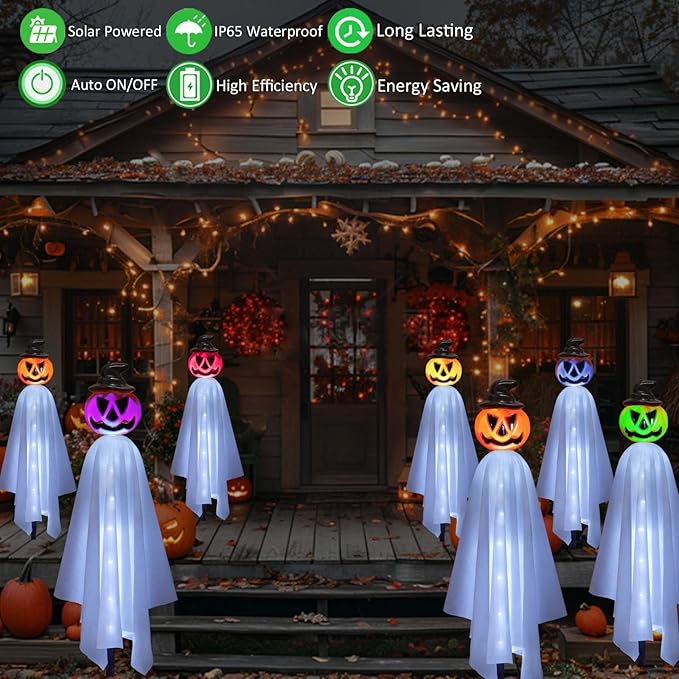 Upgraded Pumpkin Ghosts Halloween Decorations Outdoor, 4 Pack Waterproof Solar Ghosts Garden Stake Lights for Front Yard Patio Lawn Pathway Halloween Party Decorations