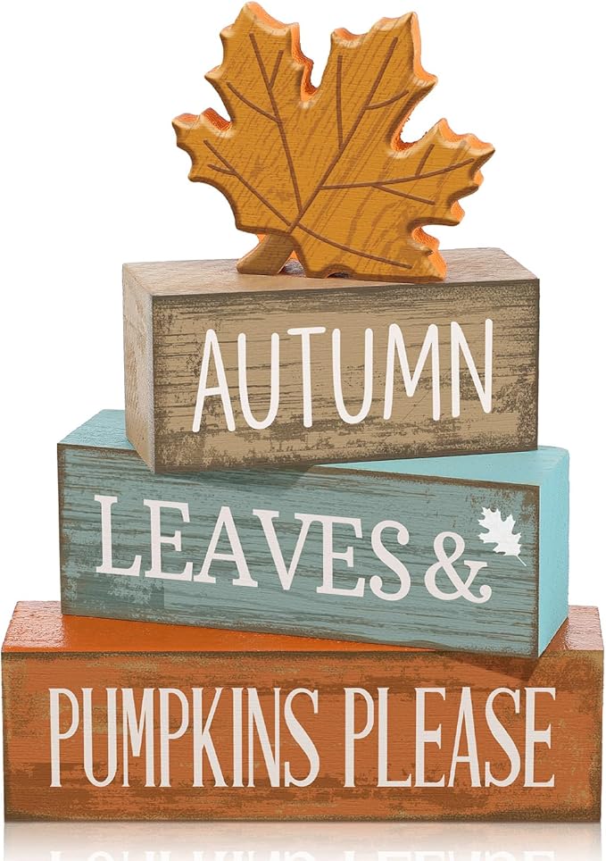 4 Pcs Fall Decor Fall Table Centerpiece Decorations Wooden Maple Leaf Autumn Tiered Tray Rustic Wood Maple Leaf Block Sign Thanksgiving Table Signs Farmhouse for Home Shelf