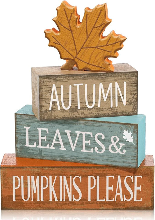 4 Pcs Fall Decor Fall Table Centerpiece Decorations Wooden Maple Leaf Autumn Tiered Tray Rustic Wood Maple Leaf Block Sign Thanksgiving Table Signs Farmhouse for Home Shelf
