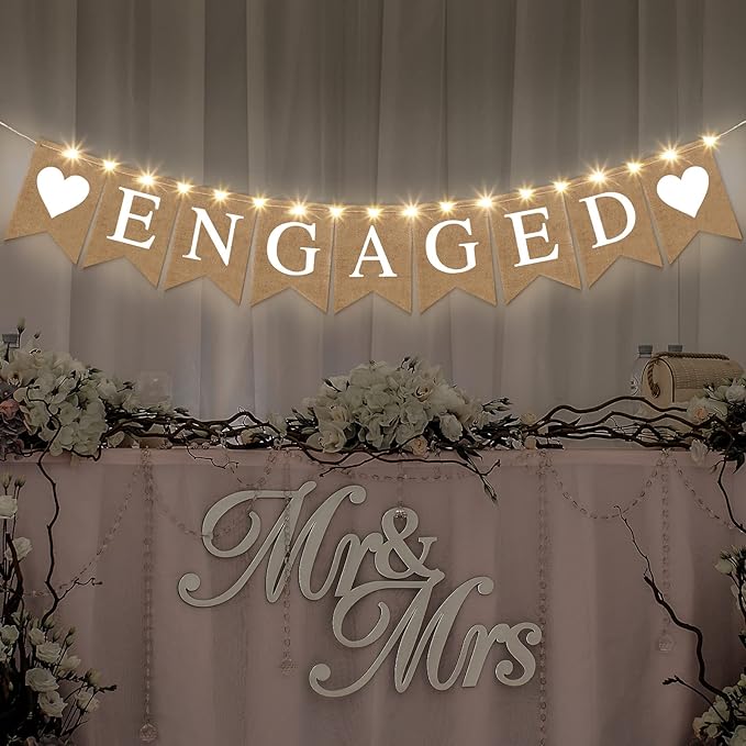 Moukeren Engagement Party Decorations Engaged Banner Heart Burlap Rustic Bunting Garland LED Fairy Lights Battery Operated String Lights for Outdoor Tree Decorations Wedding