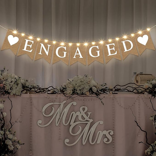 Moukeren Engagement Party Decorations Engaged Banner Heart Burlap Rustic Bunting Garland LED Fairy Lights Battery Operated String Lights for Outdoor Tree Decorations Wedding