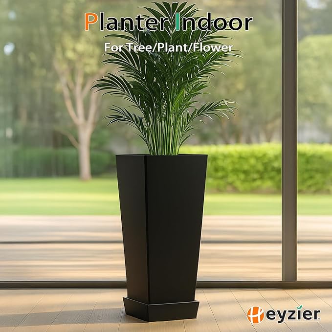 Tall Planters for Outdoor Plants, Large Resin Flower Pots with Saucers for Garden, Front Porch, Patio, Indoor - Set of 2 (Black, 34 inch - 2 Pack)