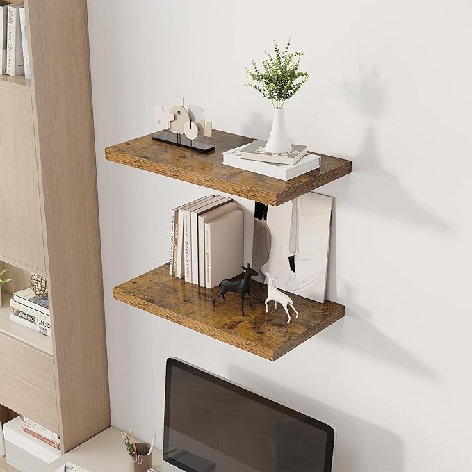 24" Floating Shelves for Wall, 12" Deep Slim Rustic Brown Floating Shelves, Wall-Mounted Shelves for Bedroom, Living Room, Kitchen, Bathroom - Set of 2