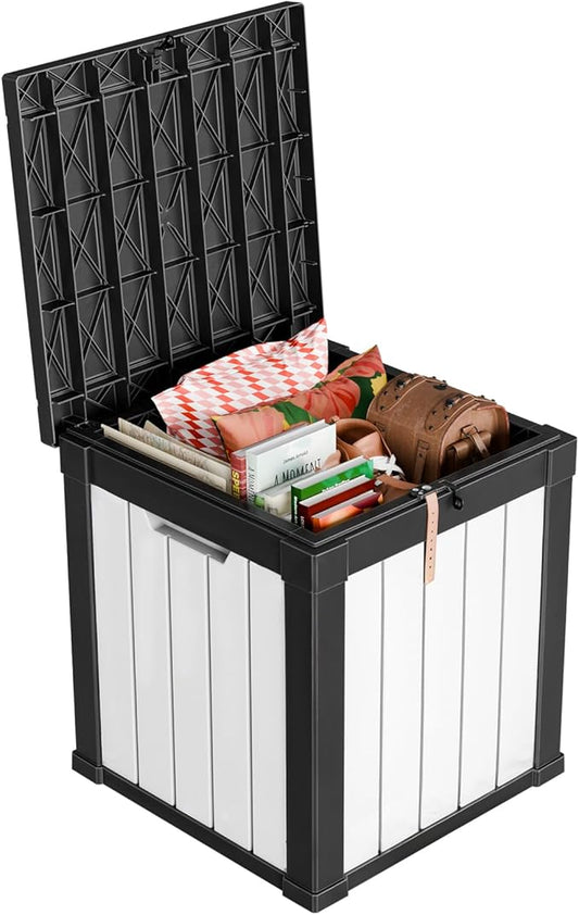 50 Gallon Deck Box Large Outdoor Storage for Patio Furniture,Outdoor Cushions,Garden Tools and Pool Supplies,Waterproof,Resin,Lockable(Black-White)