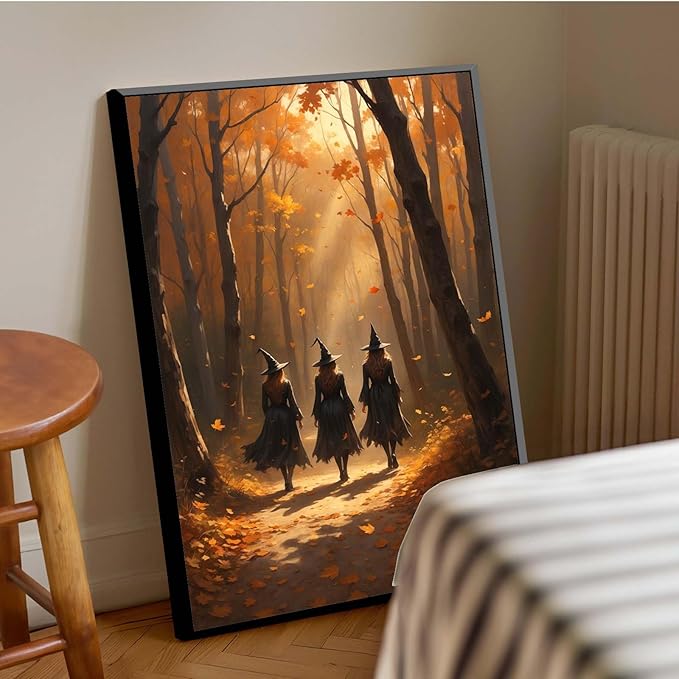 JFHCQJPK Three witches walking in the forest in autumn canvas painting gothic poster halloween print country witch wall art for home decoration20x30in Metal blackFramed