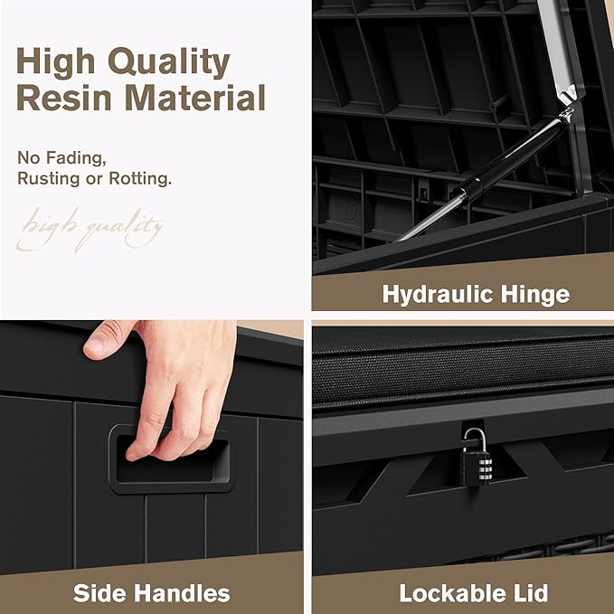 JUMMICO 100 Gallon Resin Deck Box with Cushion, Waterproof Outdoor Storage Box with Lockable Lid for Garden Tools, Patio Cushions (Black)