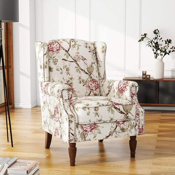 UIXE High Back Accent Chair, Wingback Upholstered Armchair in Fabric for Living Room, Retro Arm Chairs Nailhead Trim Single Sofa Bedroom Reading Seat with Solid Wood Legs - Beige Floral