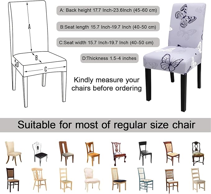 JQinHome Pattern Chair Covers for Dining Room Set of 4, High Stretch Removable Washable Parsons Chair Slipcover for Home Party Hotel Wedding Ceremony (Grey Butterfly,4PCS)