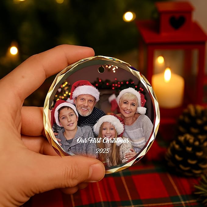 2025 Personalized Family Christmas Ornament, Custom Crystal Glass Keepsake with Photo & Name Christmas or Birthday Gift for Dad, Husband, Grandpa