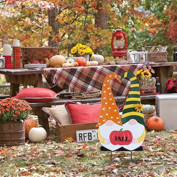 YEAHOME Outdoor Fall Decor, 2 Gnomes Decorative Garden Stake with Pumpkin for Fall Decorations, Autumn Metal Yard Signs for Home Outside Garden Porch Lawn, Thanksgiving Decorations Outdoor (YHMD-478)