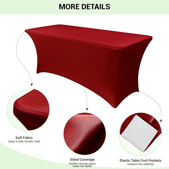 Obstal 4Ft Stretch Spandex Table Cover for Standard Folding Tables - 2 Pack Universal Rectangular Fitted Tablecloth for Party, Banquet, Events, Trade Show (Dark Red, 48L x 24W x 30H Inches)