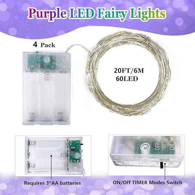 4 Pack 20FT 60LED Halloween Battery Operated Fairy Lights with Timer, Waterproof Battery String Lights Outdoor Indoor, Battery Twinkle Lights for Bedroom Wedding Birthday Party Halloween (Purple)