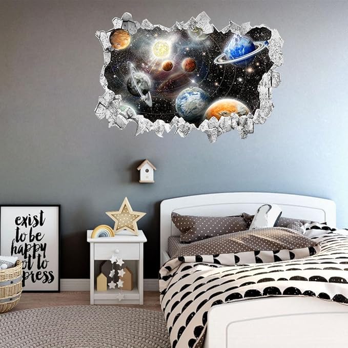 Large 3D Space Galaxy Wall Stickers (33.5”x 23.2”), Solar System Vinyl Wall Decals, Removable Universe Outer Space Planet Wall Art for Kids Bedroom Playroom Decor