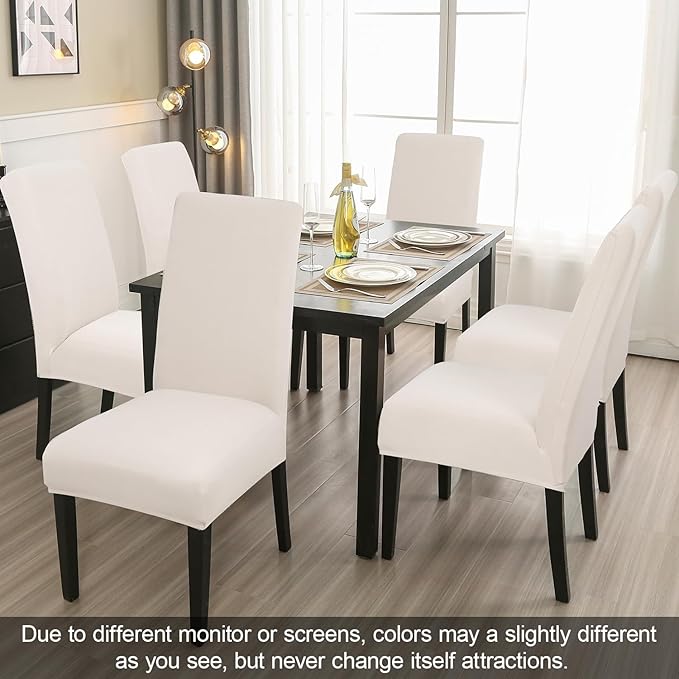 JQinHome 6 Pcs Dining Chair Slipcover,High Stretch Removable Washable Chair Seat Protector Cover for Home Party Hotel Wedding Ceremony (Beige White)