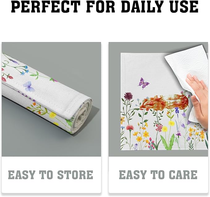Spring Summer Floral Placemats Set of 4 Spring Easter Wild Flower Butterfly Washable Non-Slip Heat Resistant Place Mats 12x18 Inch Linen Table Mats for Kitchen Dining Party Decor