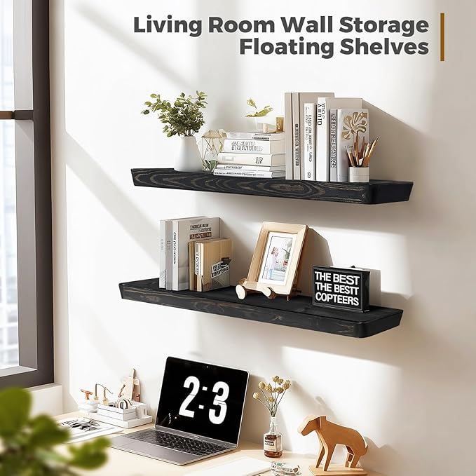 36"x6.8"x1.6" Slanted Floating Wall Shelves 2-Pack - Rustic Black Finish, Heavy-Duty Solid Wood Design with Hidden Brackets - Perfect for Living Room, Kitchen, Bathroom, or Office