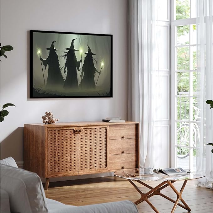 JFHCQJPK Vintage 3 witches canvas wall decor melancholy dark Halloween poster wall decor holding a staff print Gothic horror Halloween painting print for living room bedroom24x36in Metal blackFramed