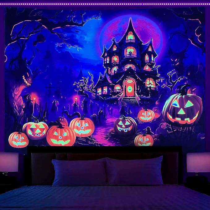 OSVINO Blacklight Halloween Castle Tapestry 59"x51" Pumpkins Ghosts Background Bedroom Aesthetic Hippie Room Decor Glow in The Dark Wall Poster for Halloween Easter