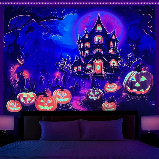 OSVINO Blacklight Halloween Castle Tapestry 59"x51" Pumpkins Ghosts Background Bedroom Aesthetic Hippie Room Decor Glow in The Dark Wall Poster for Halloween Easter
