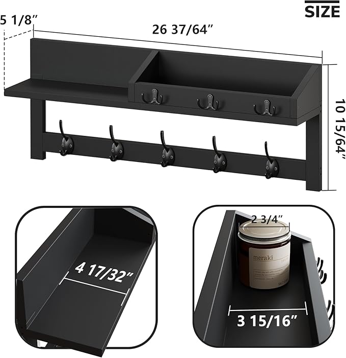 AMBIRD Wall Hooks with Shelf 26.57inch Entryway Wall Hanging Shelf Wood Coat Hooks for Wall Coat Rack Wall Mount Rack with 5 Dual Hooks 3 Key Hooks Mail Organizer and Key Rack Key Holder (Black)