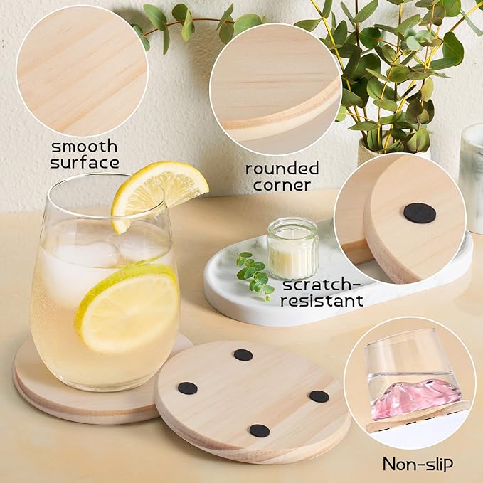 24 Pieces Unfinished Wood Coasters, GOH DODD 4 Inch Wooden Blanks with Non-Slip Pads for Laser Engraving Wood Burning Staining Painting Decoupage Housewarming Gifts Wedding Crafts Education, Round