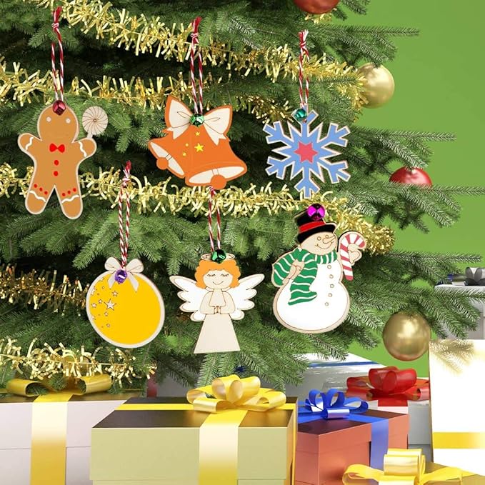 48PCS Christmas Crafts for Kids, Wooden Christmas Ornaments Unfinished Wood Slices with 6 Styles, DIY Christmas Ornaments Kits for Christmas Tree Holiday Hanging Decorations