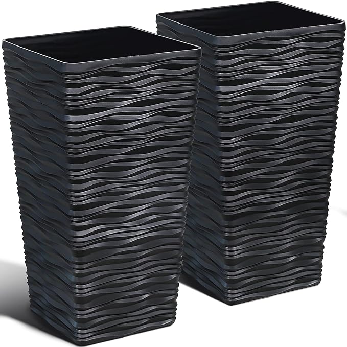 Worth Garden 2-Pack Black Tall Planter - Plastic Square Tapered Tree Plant Pots for Indoor Outdoor - 22" H - Modern Wavy Finish Decorative Flower Pots for Front Porch Containers Patio Deck