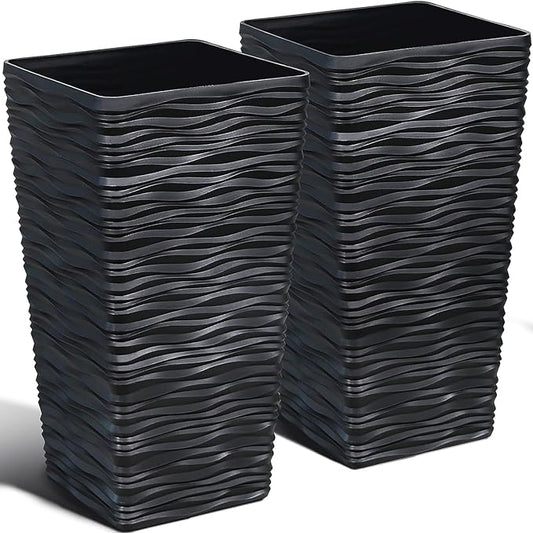 Worth Garden 2-Pack Black Tall Planter - Plastic Square Tapered Tree Plant Pots for Indoor Outdoor - 22" H - Modern Wavy Finish Decorative Flower Pots for Front Porch Containers Patio Deck