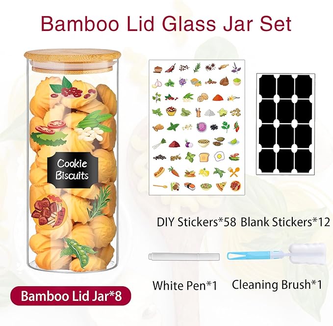 32 oz 8 Pcs Glass Jars with Bamboo Lids, Stackable Clear Food Storage Jars, Airtight Kichen Glass Pantry Storage Containers with Lids for Rice, Candy, Sugar, Flour, Nuts, Cookie, Coffee Bean