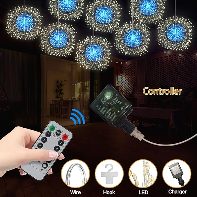 8 Pack Firework Lights 180 Led Copper Wire with 8 Models Power Supply Remote Control Waterproof Outdoor Hanging for Decor Garden Party Christmas
