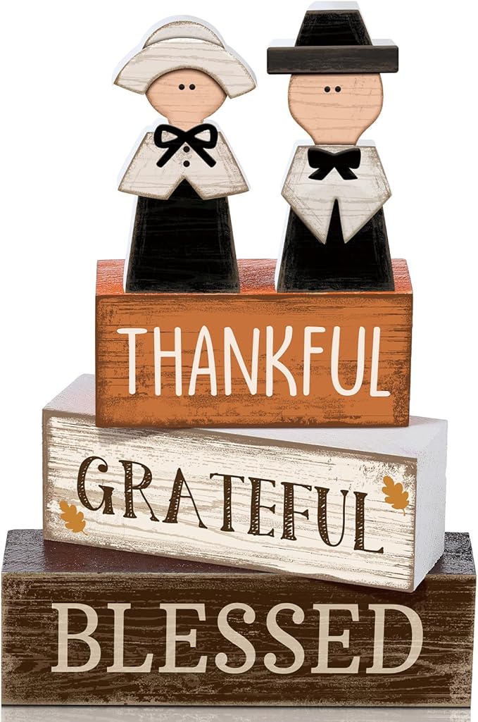 4 Pcs Fall Table Decor Pilgrim Couple Wooden Sign Thanksgiving Tiered Tray Decor Fall Centerpiece Rustic Decorative Pilgrim Block Signs Gift Farmhouse Autumn Decoration for Home Kitchen