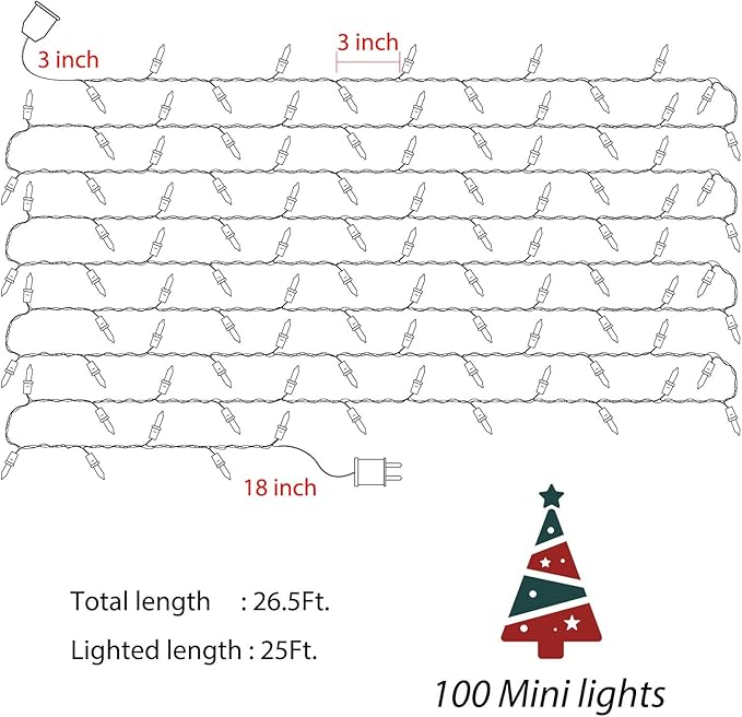 Minetom 100 Counts Clear Christmas String Lights 26.5 Feet Warm Mini Lights Waterproof for Indoor Outdoor Patio Wreath Garden Wedding Party Thanksgiving Holiday Xmas Tree Decorations, Multicolored