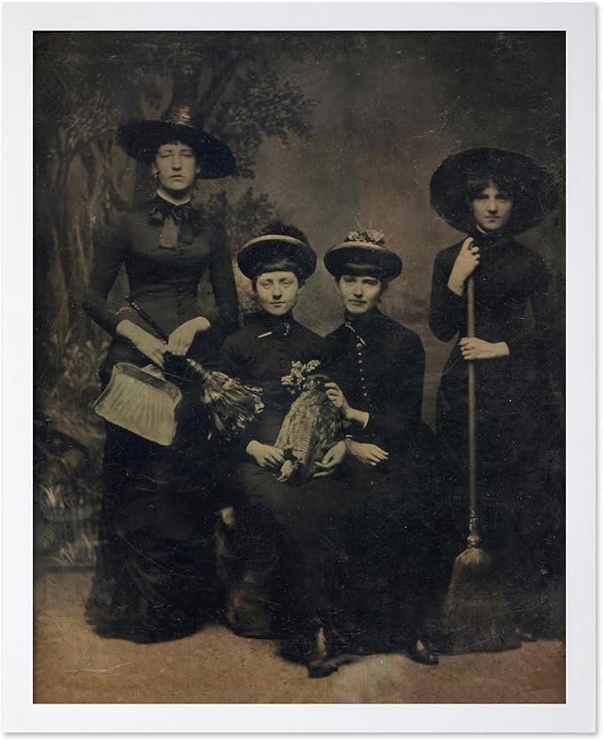 Poster Master Vintage Photograph Poster - Retro Halloween Print - Gift for Artist, Friend - Four Witches Wearing Robes, Sabbath, Coven, Sorcery - Wall Decor for Home, Office, 11x14 White Framed