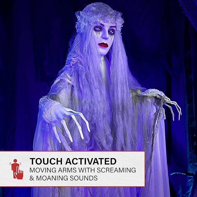 Haunted Hill Farm Life-Size Scary Ghost Bride, Halloween Animatronic with Touch Activated Lights and Sound, Battery Operated Indoor or Covered Outdoor Halloween Decorations, Creepy Halloween Prop