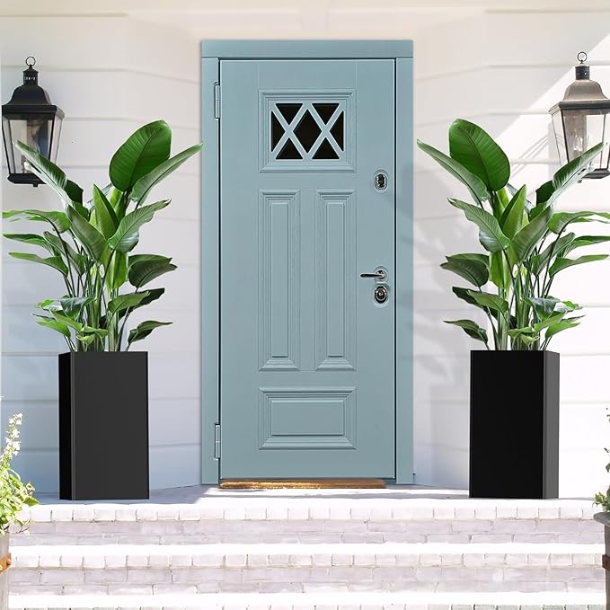 Tall Planters 26 Inch Square Metal Plant Pot with Removable Insert Shelf and Drainage-Modern Tall Black Planters for Indoor & Outdoor-Front Porch,Patio,Garden (14" L X 26" H)