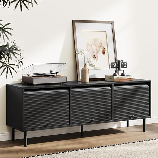 59 Inch TV Stand with Power Outlet for TVs up to 65 Inch, Entertainment Center with Storage, Mid-Century Modern TV Console, Adjustable Shelf & Sliding Doors, TV Stand for Living Room, Bedroom, Black