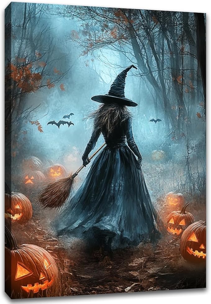 Vintage Moody Halloween Witch Artwork Wall Decor,Spooky Halloween Gothic Canvas Artwork Creepy Horror Witch with A Broom Pumpkin Bats Rustic Forest Picture,Dark Academia Poster,8"x12" Framed