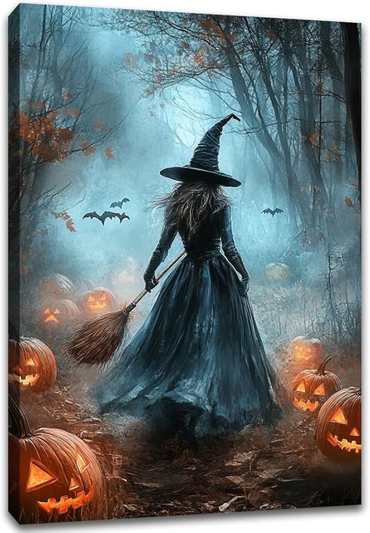 Vintage Moody Halloween Witch Artwork Wall Decor,Spooky Halloween Gothic Canvas Artwork Creepy Horror Witch with A Broom Pumpkin Bats Rustic Forest Picture,Dark Academia Poster,16"x24" Framed