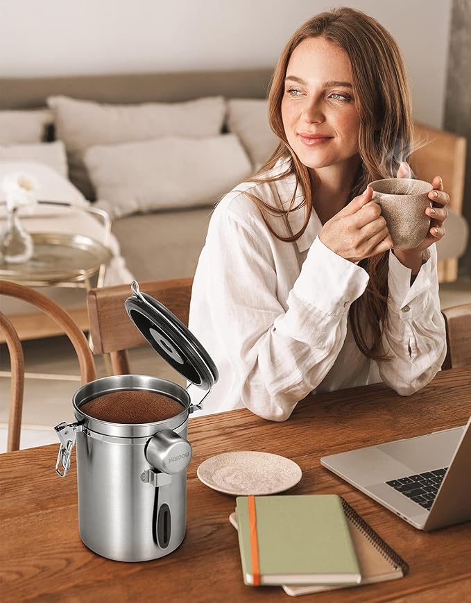 Airtight Coffee Canister, HAIOOU 22OZ Large Stainless Steel Coffee Bean Storage Container with Date Tracker, Measuring Scoop, 6Pcs CO2 Valves and Mini Tongs for Beans, Grounds, Sugar and more - Silver