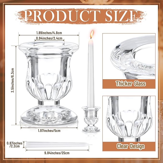 144 Pcs Glass Taper Candle Holders Bulk 2. 5 Inch Clear Candlestick Holder with Long Tapered Candles Candle Sticks Set for Table Centerpiece Wedding Christmas Party Decoration