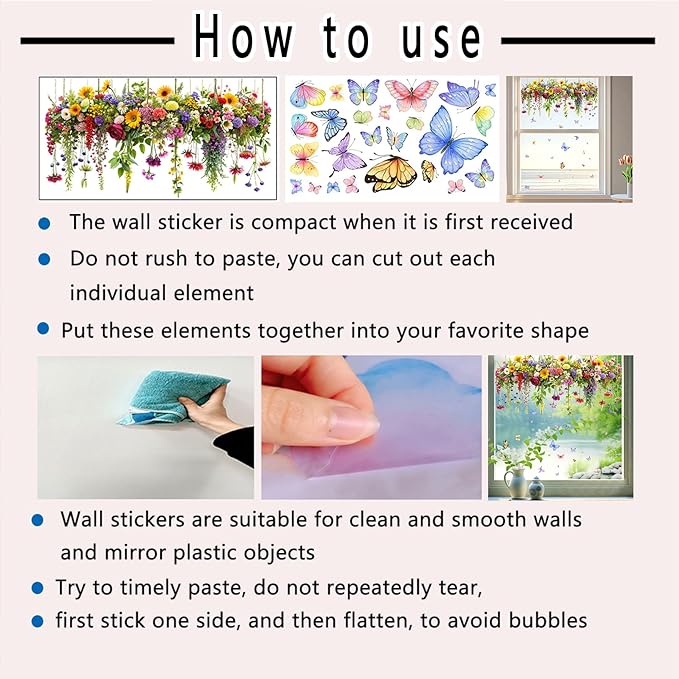 2 Set Colorful Floral Bouquet Window Stickers, Flower Butterfly Window Clings for Glass Windows,Floral Windows Film, Window Decals for Home Kitchen Bathroom Office Decoration
