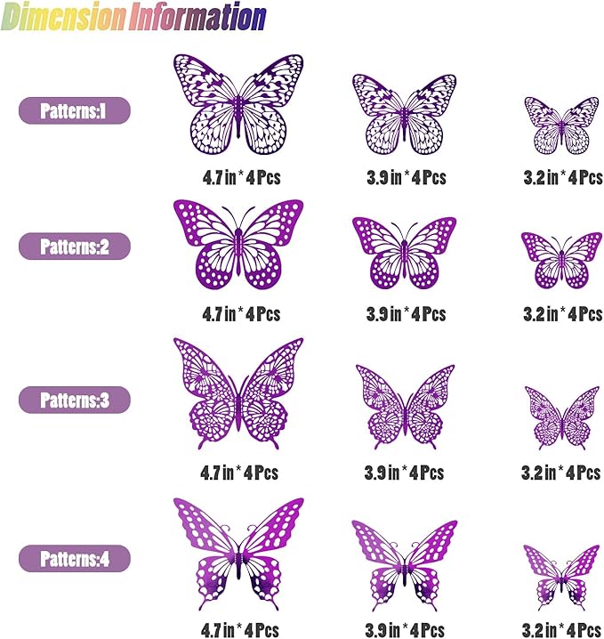 SAOROPEB 3D Butterfly Wall Decor - 48 Pcs, 4 Styles, 3 Sizes - Purple Butterfly Decorations for Birthday Parties, Removable Stickers
