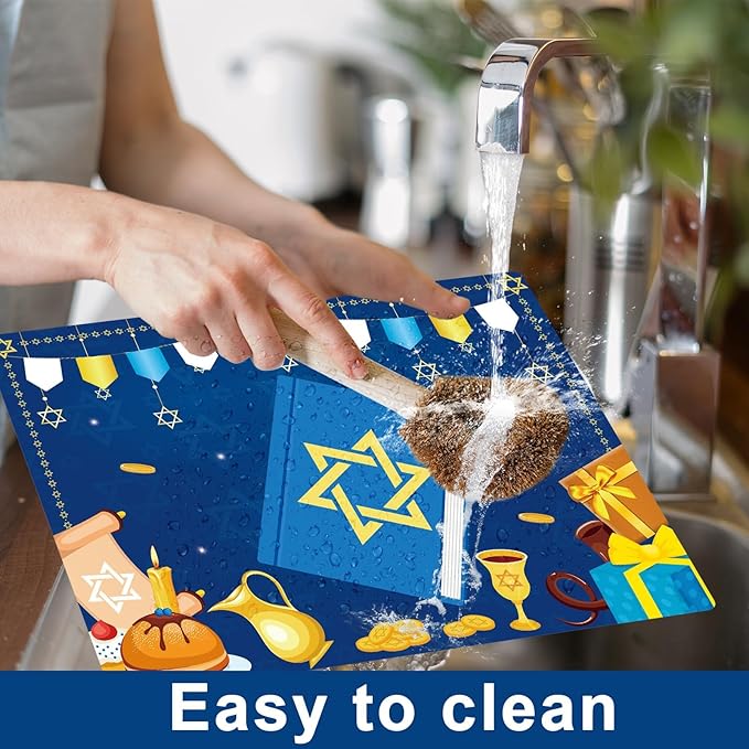 Hanukkah Placemats Set of 6 Festival of Lights Table Mats Plastic Passover Recyclable Place Mats Washable Holiday Table Decoration for Indoor Outdoor Hanukkah Party Kitchen Dining