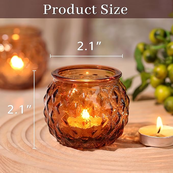Amber Votive Candle Holders Set of 24 - Round Glass Candle Holders for Table Centerpiece, Tea Lights for Home & Vintage Wedding Decorations