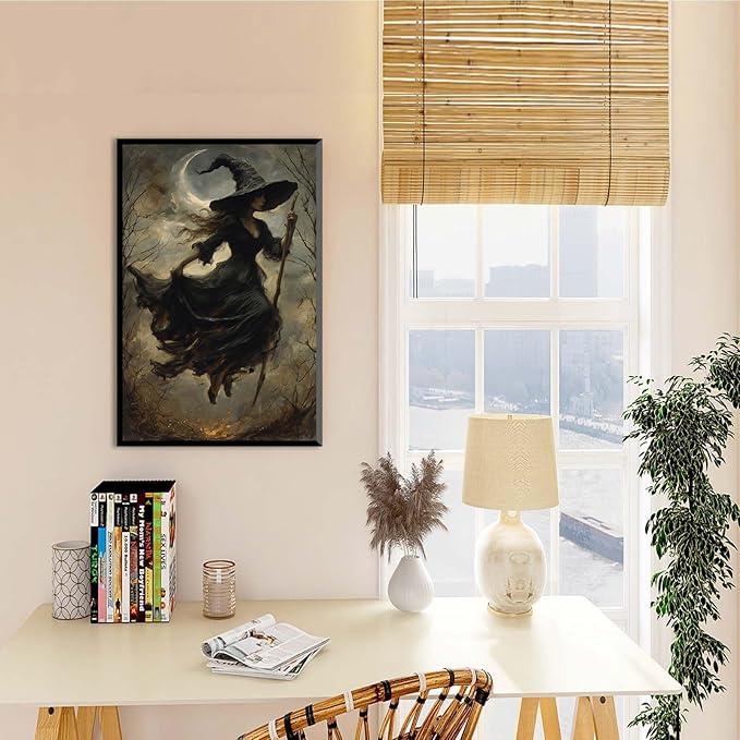 JFHCQJPK Witch in the Forest Halloween Print Wall Art Poster Witch Decor Vintage Print Dark College Wall Art Victorian Gothic Room Decor Canvas Wall Print24x36in Metal blackFramed