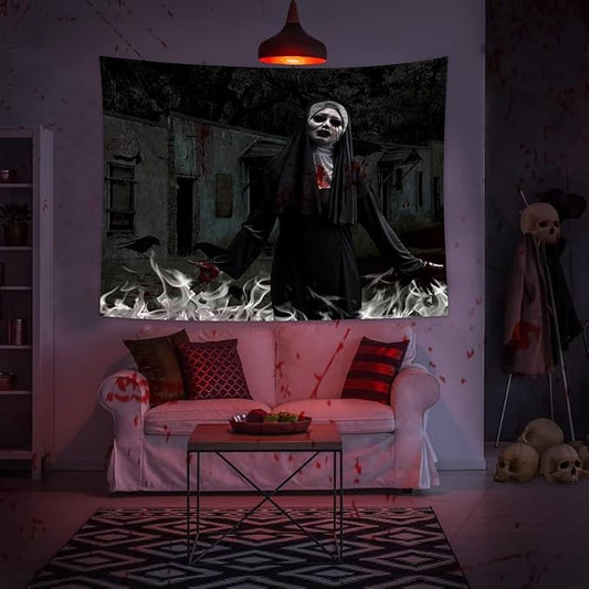 QGHOT Halloween Tapestry, Gothic Horror Movie Tapestry Wall Hanging Spooky Halloween Backdrop Creepy Scary Nun Haunted House Wall Decor for Bloody Party Decorations (90.6"x70.9")