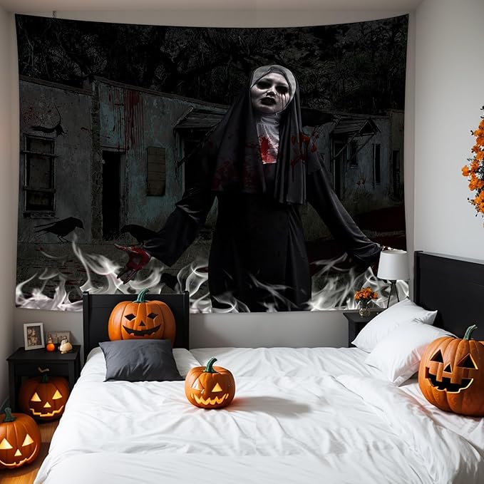 QGHOT Halloween Tapestry, Gothic Horror Movie Tapestry Wall Hanging Spooky Halloween Backdrop Creepy Scary Nun Haunted House Wall Decor for Bloody Party Decorations (90.6"x70.9")