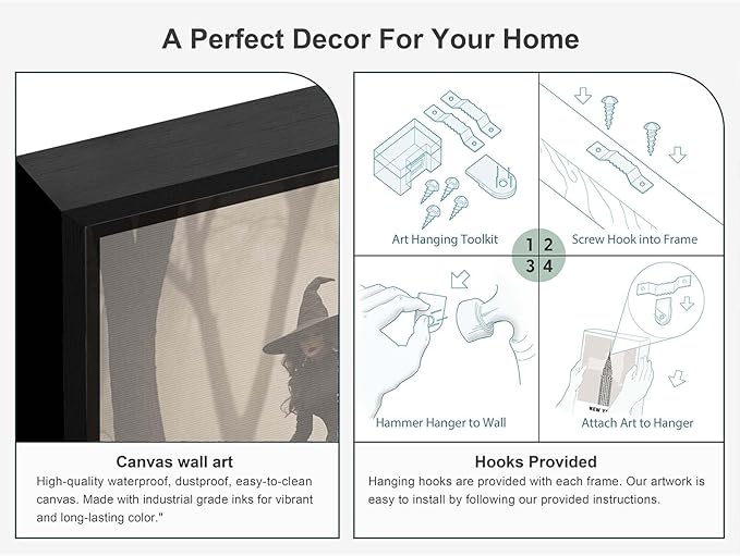 JFHCQJPK Three ghost witches flying in vintage forest gothic wall art witchcraft decoration holiday gift canvas wall art print12x16in Metal blackFramed